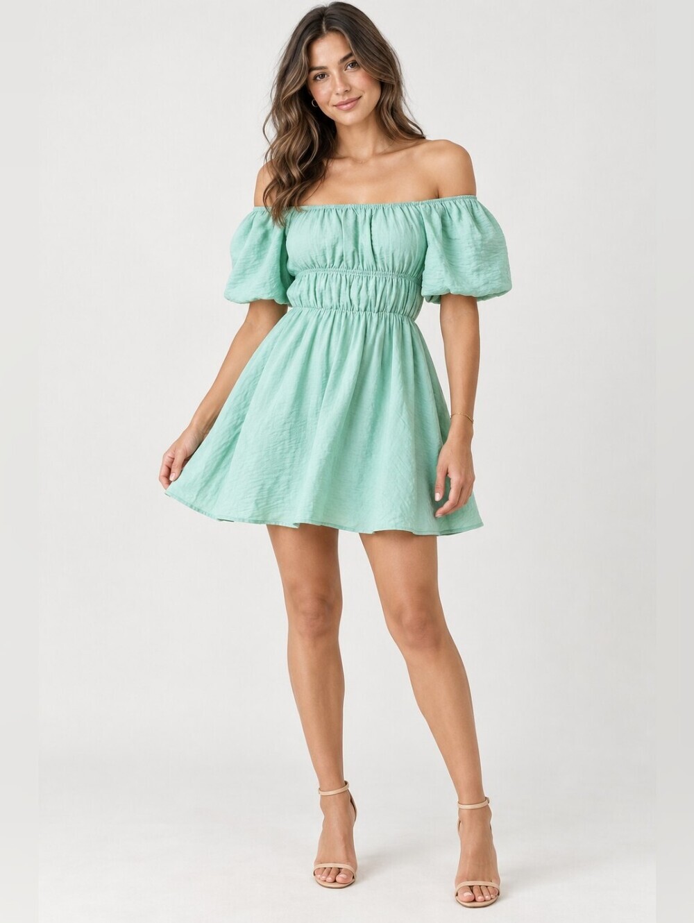 Mi Ami Mint Green Off Shoulder Puff Sleeve Mini Dress Small NWT